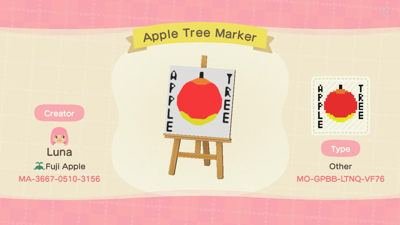 Animal Crossing Design Code: MO-GPBB-LTNQ-VF76 Apple Tree Marker