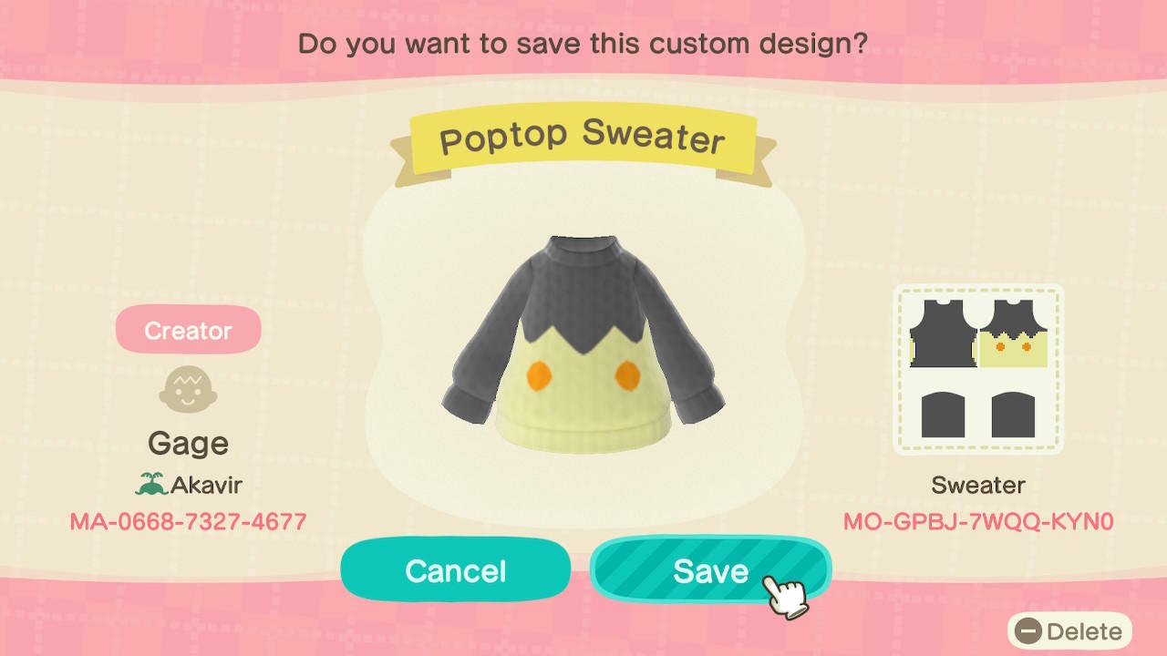 Animal Crossing Design Code: MO-GPBJ-7WQQ-KYN0 Poptop Sweater