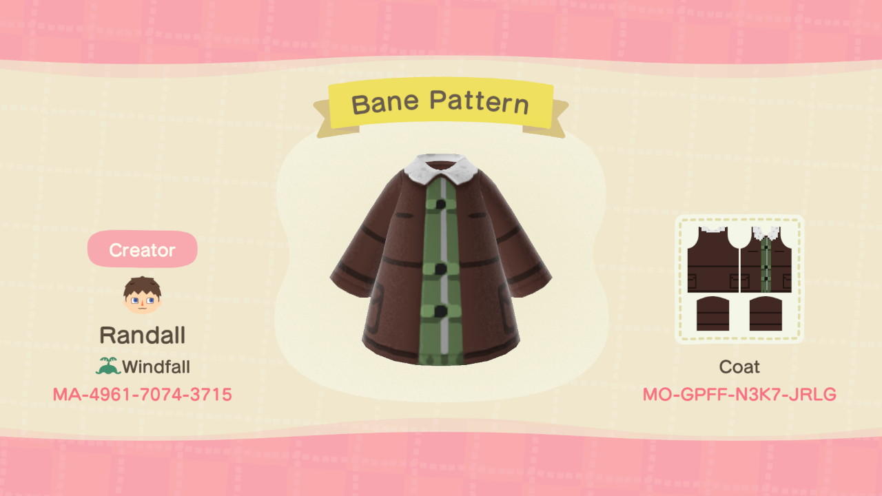 Animal Crossing Design Code: MO-GPFF-N3K7-JRLG Bane Pattern