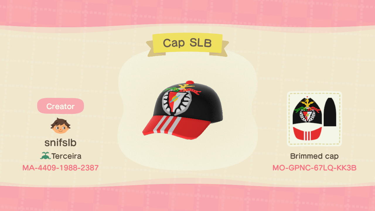 Animal Crossing Design Code: MO-GPNC-67LQ-KK3B BENFICA CAP