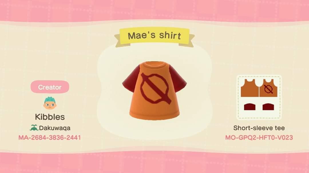 Animal Crossing Design Code: MO-GPQ2-HFT0-V023 Mae&#39;s Shirt