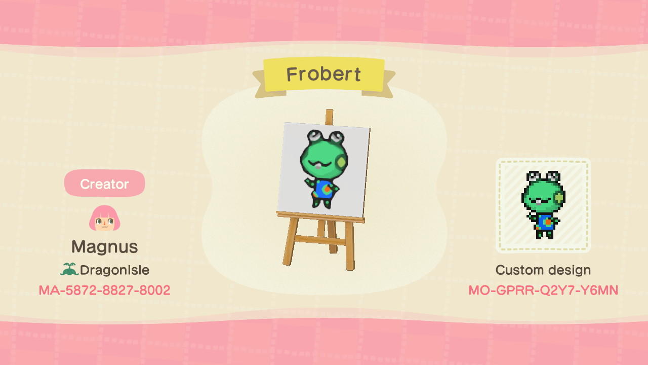 Animal Crossing Design Code: MO-GPRR-Q2Y7-Y6MN Frobert Signpost