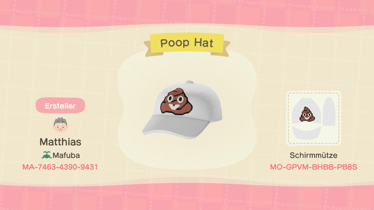Animal Crossing Design Code: MO-GPVM-BHBB-PB8S Poop Hat
