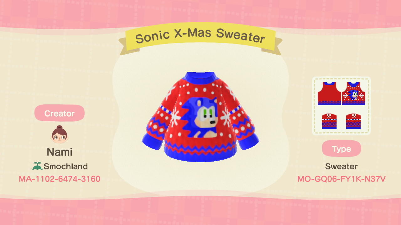 Animal Crossing Design Code: MO-GQ06-FY1K-N37V Sonic X-Mas Sweater