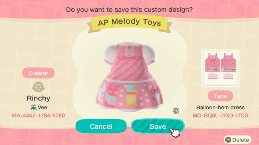 Animal Crossing Design Code: MO-GQ0L-LYXD-LTCG AP Melody Toys