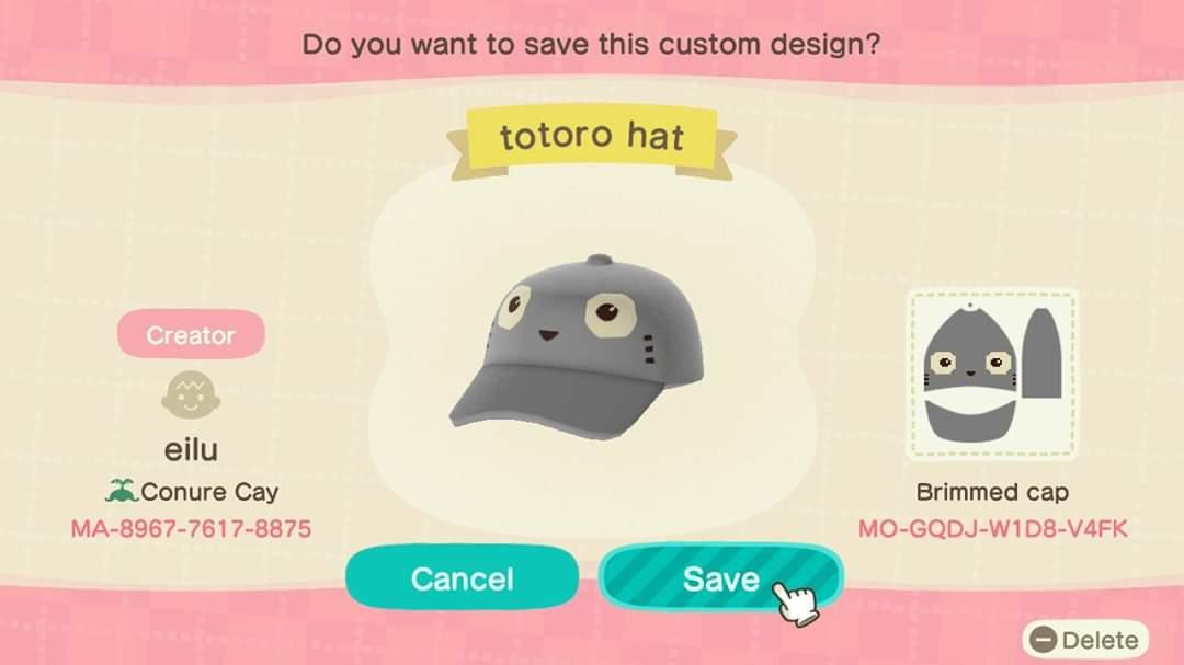 Animal Crossing Design Code: MO-GQDJ-W1D8-V4FK Totoro Hat