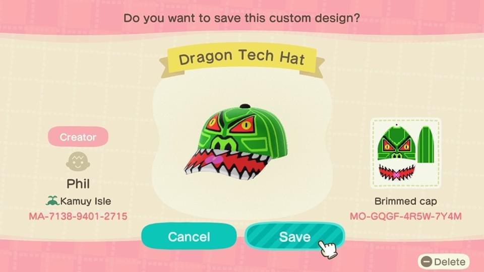 Animal Crossing Design Code: MO-GQGF-4R5W-7Y4M Dragon Tech Hat