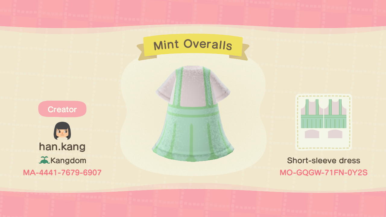 Animal Crossing Design Code: MO-GQGW-71FN-0Y2S Mint Overalls