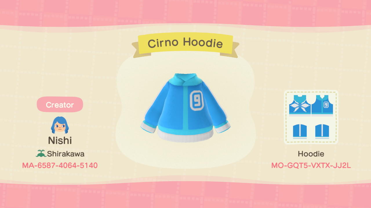 Animal Crossing Design Code: MO-GQT5-VXTX-JJ2L Cirno Hoodie
