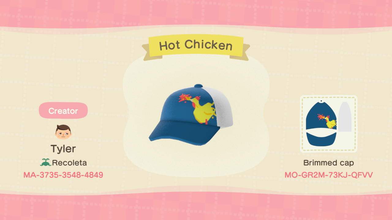 Animal Crossing Design Code: MO-GR2M-73KJ-QFVV Hot Chicken
