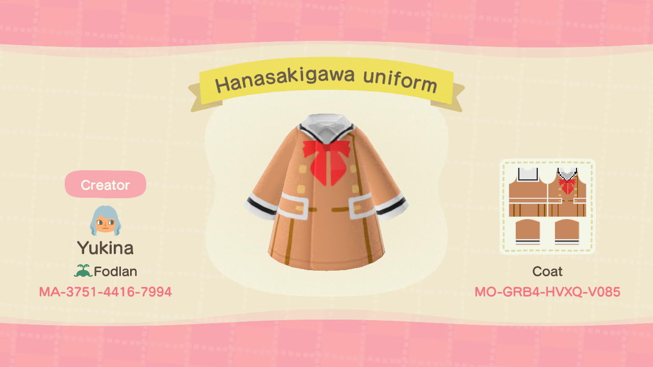 Animal Crossing Design Code: MO-GRB4-HVXQ-V085 Hanasakigawa uniform