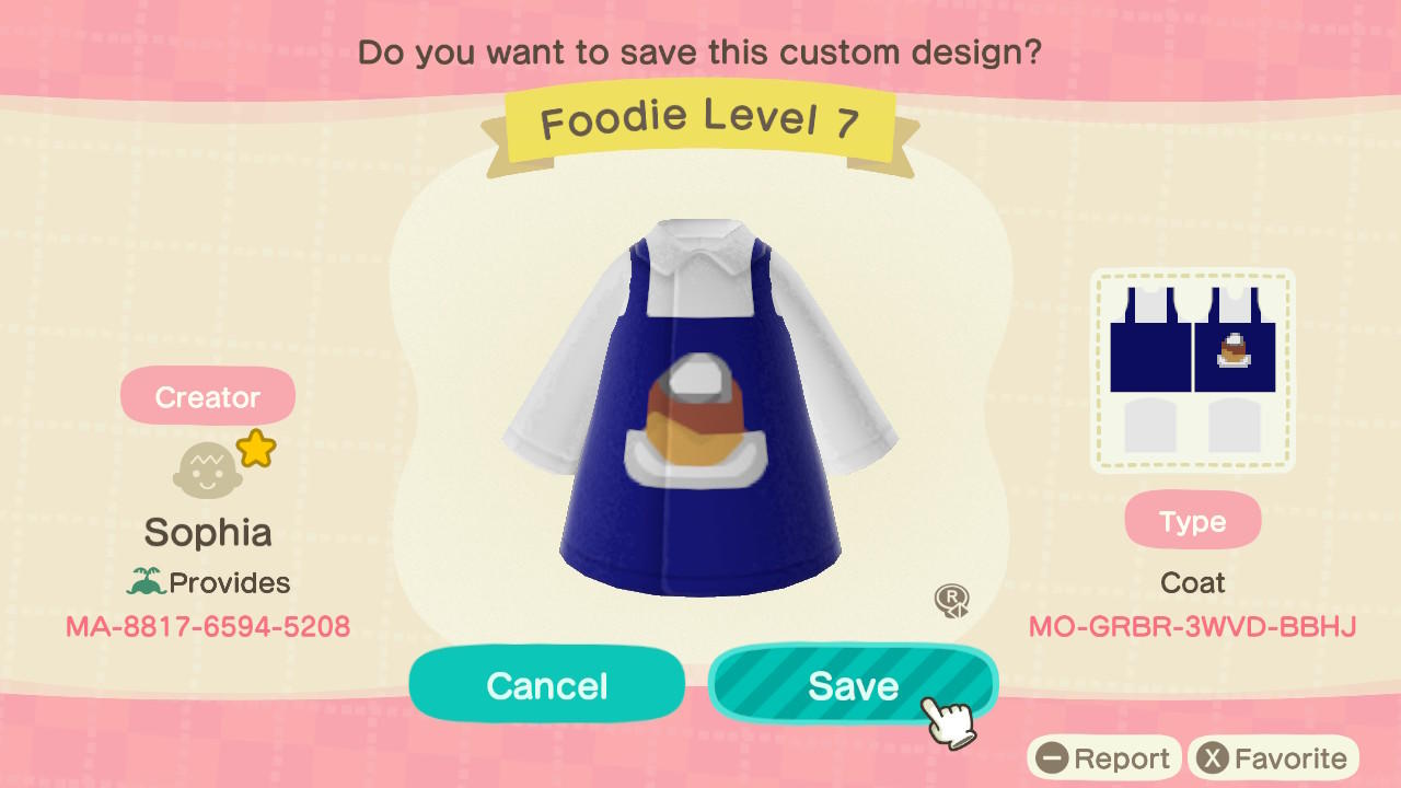 Animal Crossing Design Code: MO-GRBR-3WVD-BBHJ Foodie Level 7