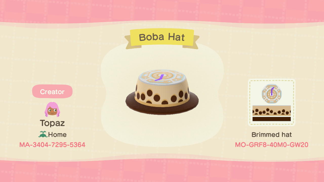 Animal Crossing Design Code: MO-GRF8-40M0-GW20 Boba Hat