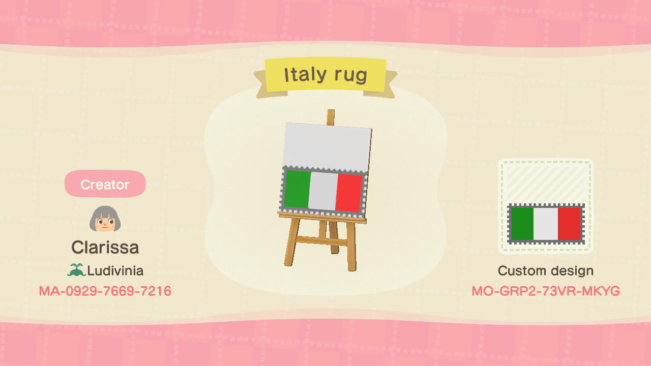 Animal Crossing Design Code: MO-GRP2-73VR-MKYG Italy rug
