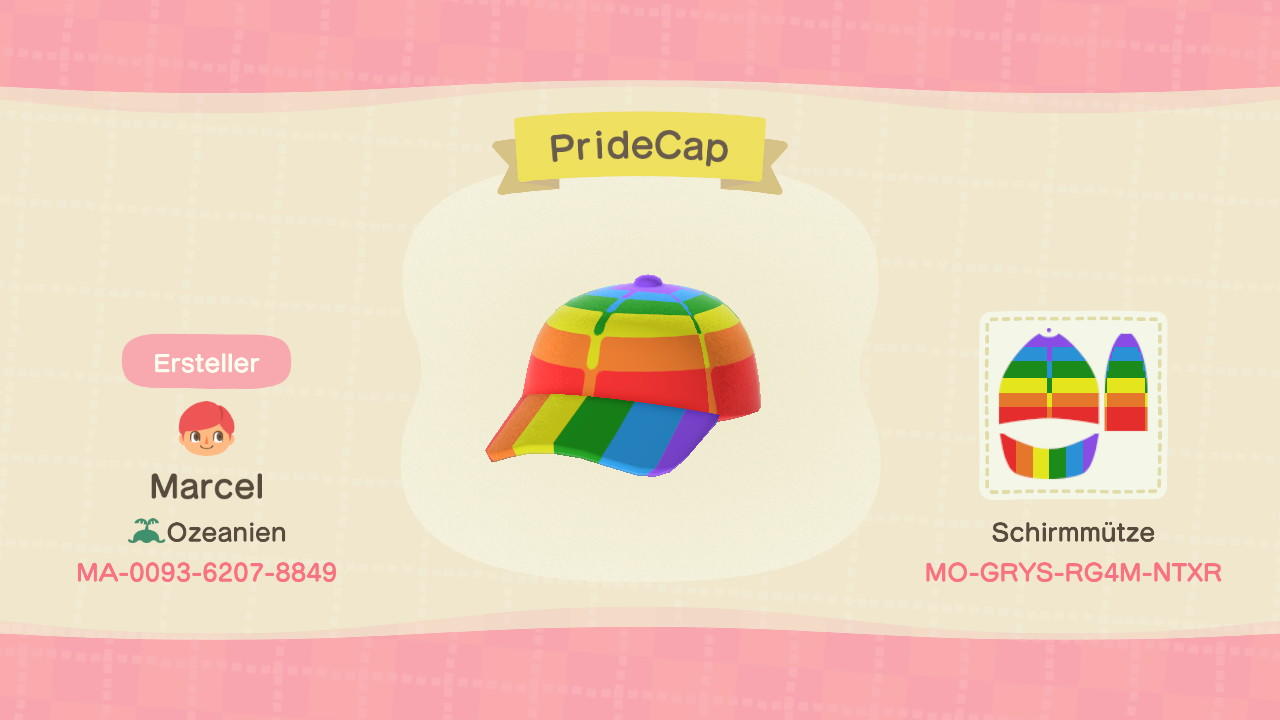 Animal Crossing Design Code: MO-GRYS-RG4M-NTXR PrideCap