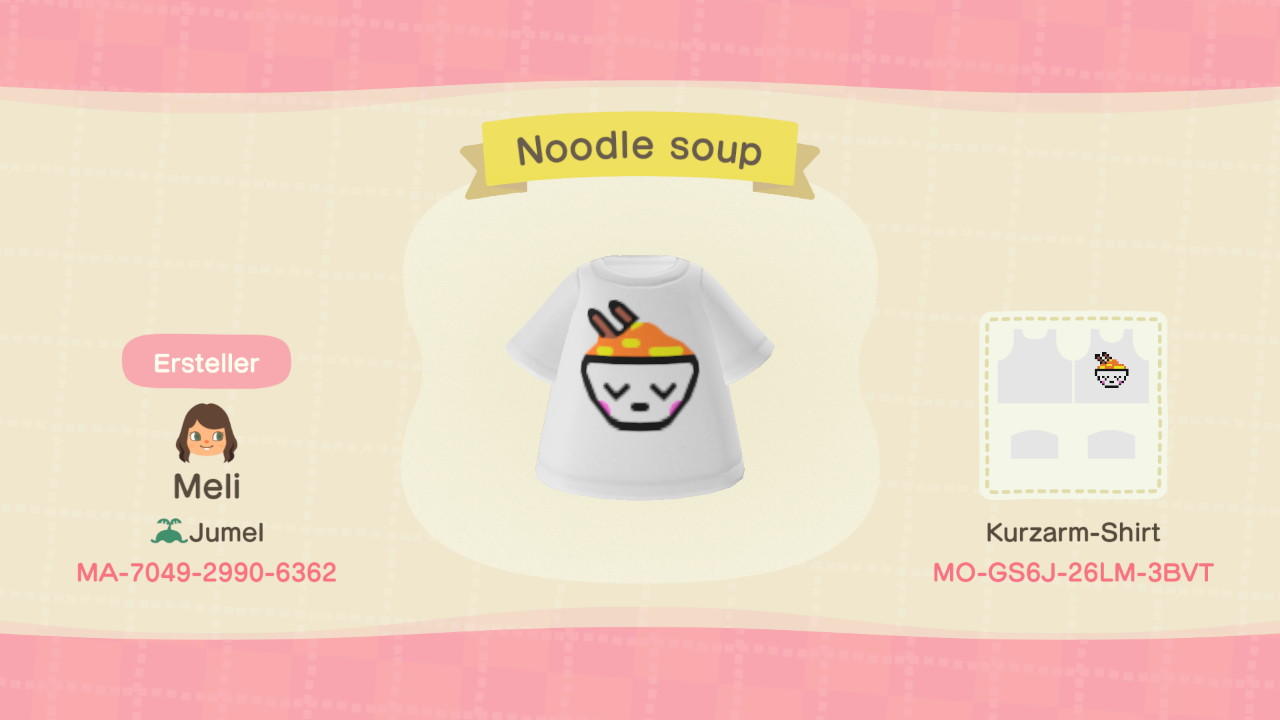 Animal Crossing Design Code: MO-GS6J-26LM-3BVT Noodle Soup
