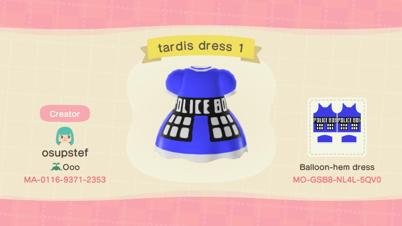 Animal Crossing Design Code: MO-GSB8-NL4L-5QV0 TARDIS Dress