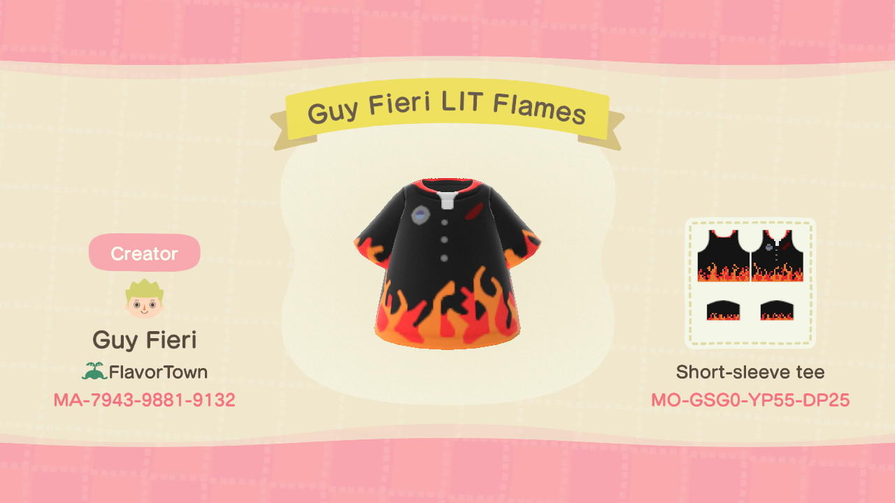 Animal Crossing Design Code: MO-GSG0-YP55-DP25 Guy Fieri LIT Flames