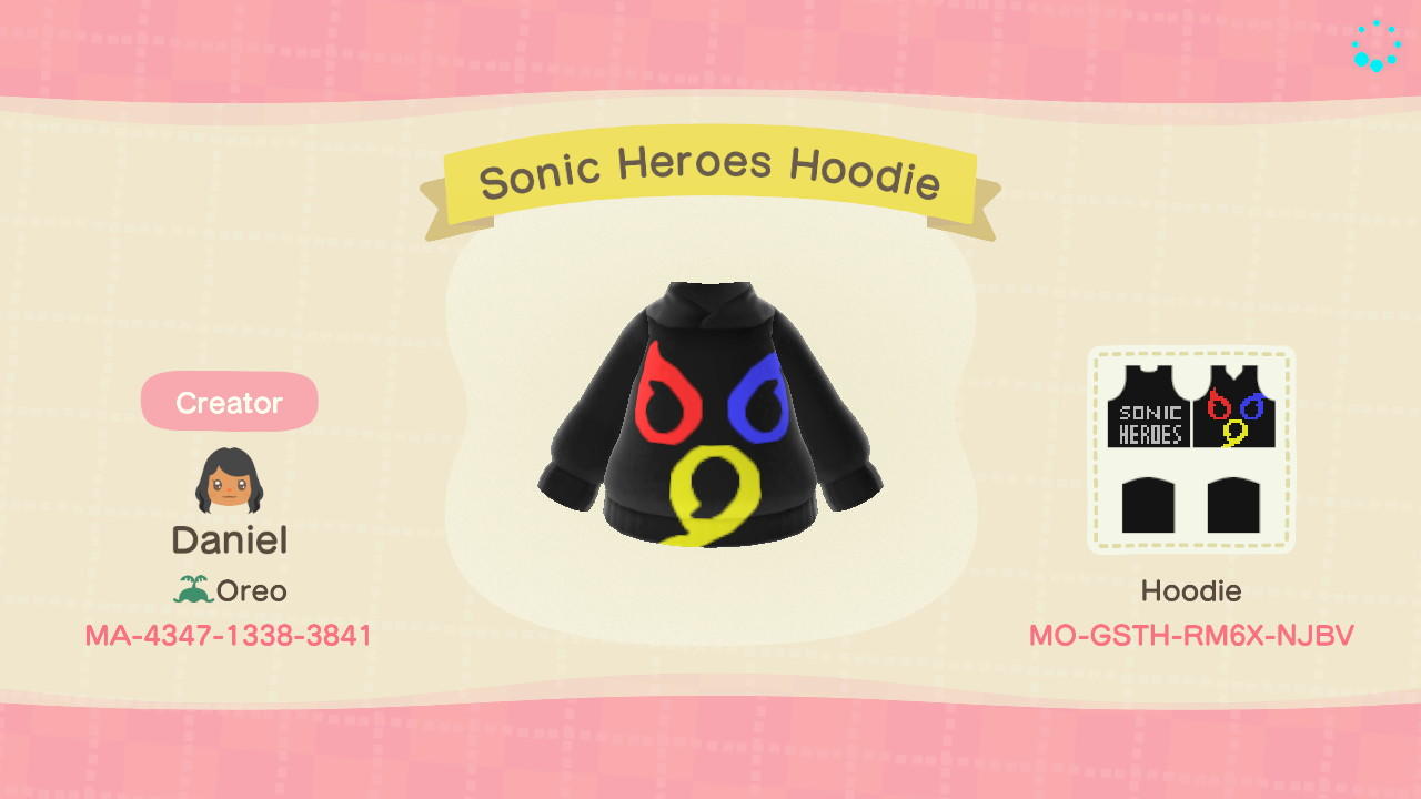 Animal Crossing Design Code: MO-GSTH-RM6X-NJBV Sonic Heroes Hoodie