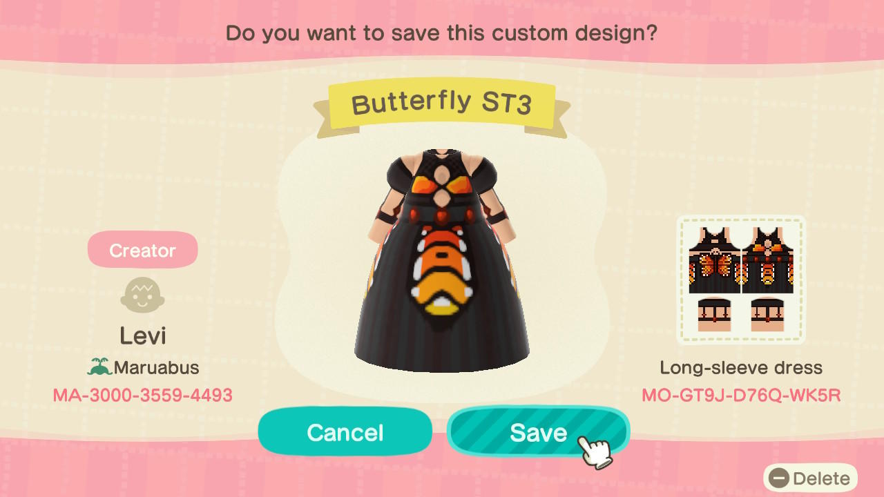 Animal Crossing Design Code: MO-GT9J-D76Q-WK5R Butterfly SkinTone3