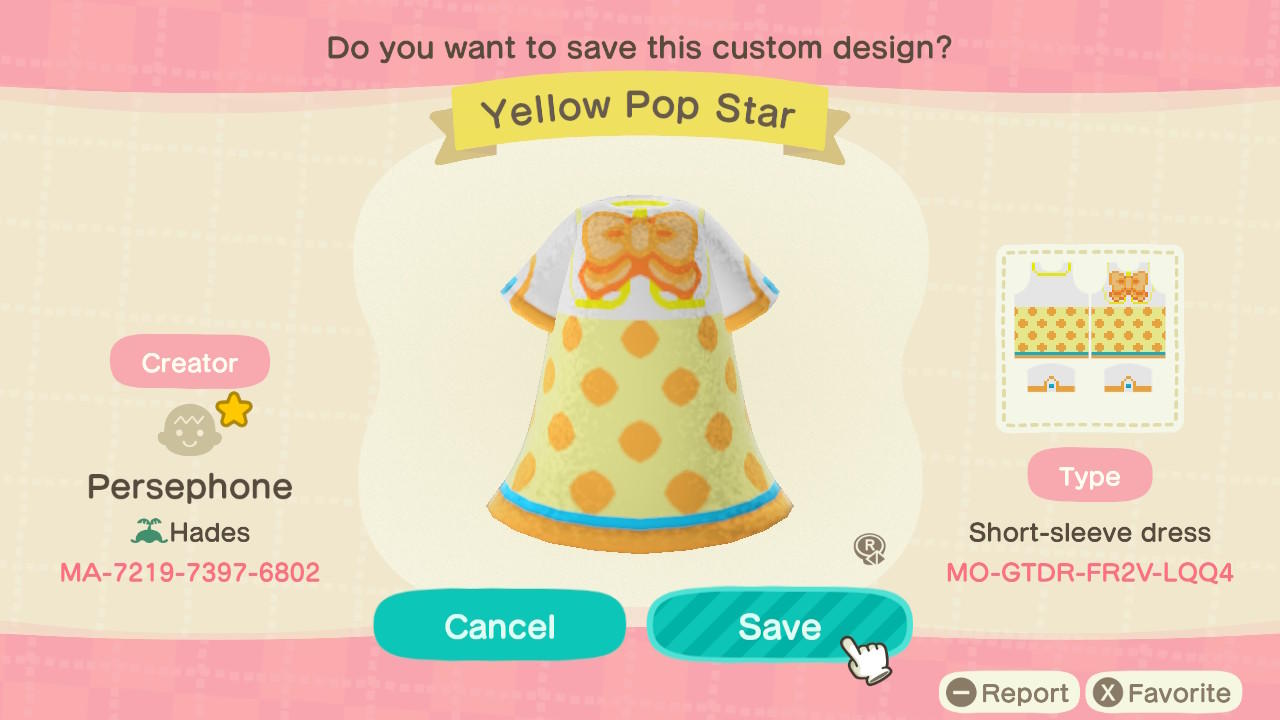 Animal Crossing Design Code: MO-GTDR-FR2V-LQQ4 Yellow Pop-Star Dres