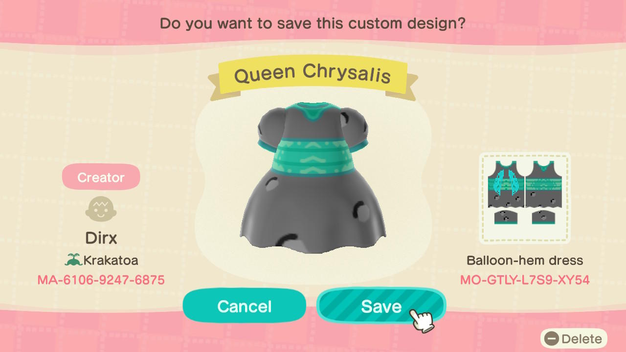Animal Crossing Design Code: MO-GTLY-L7S9-XY54 Queen Chrysalis