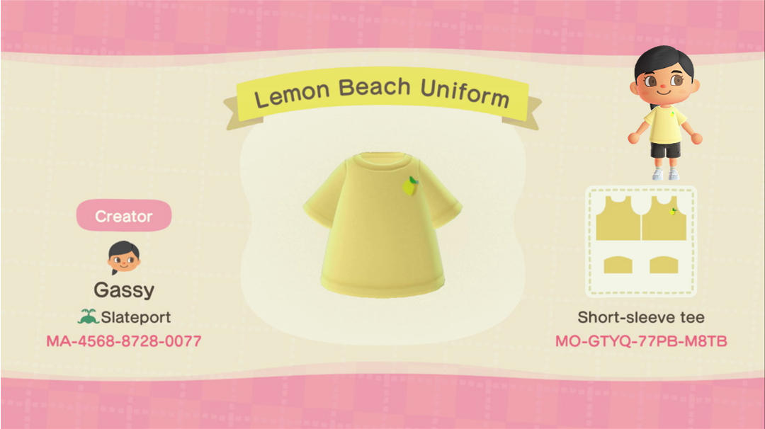 Animal Crossing Design Code: MO-GTYQ-77PB-M8TB Lemon Beach Uniform