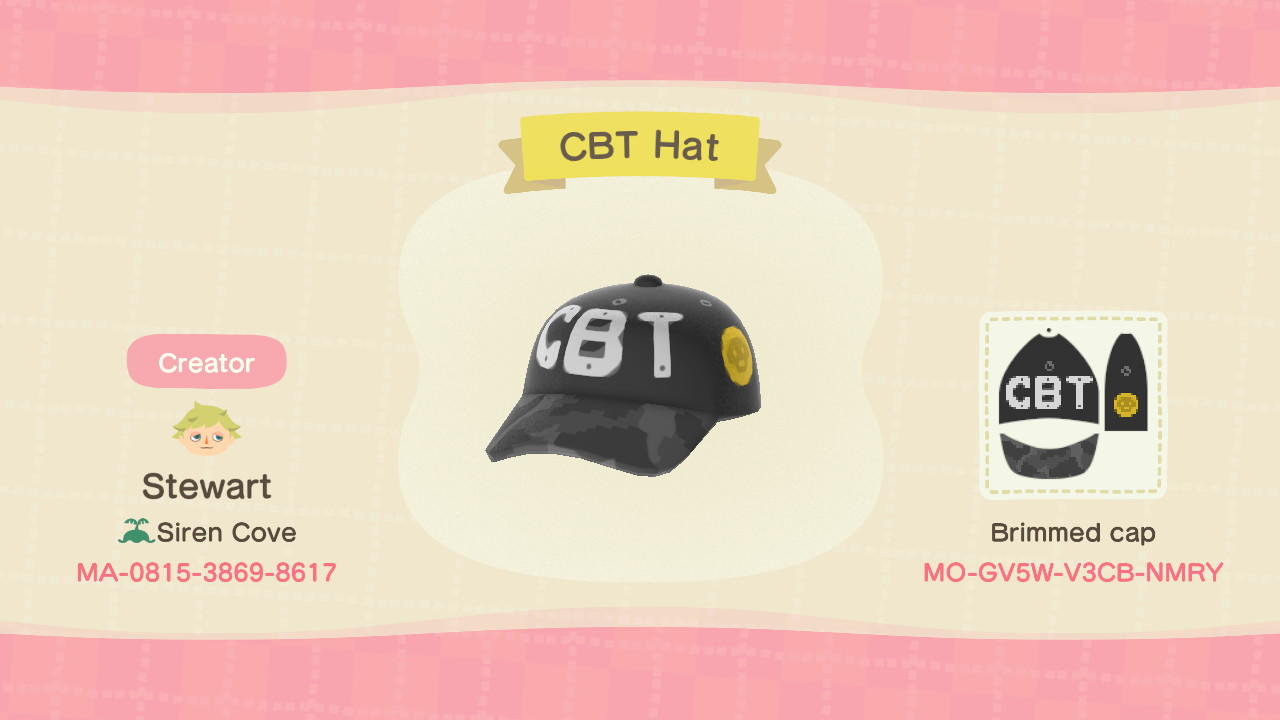 Animal Crossing Design Code: MO-GV5W-V3CB-NMRY CBT Hat