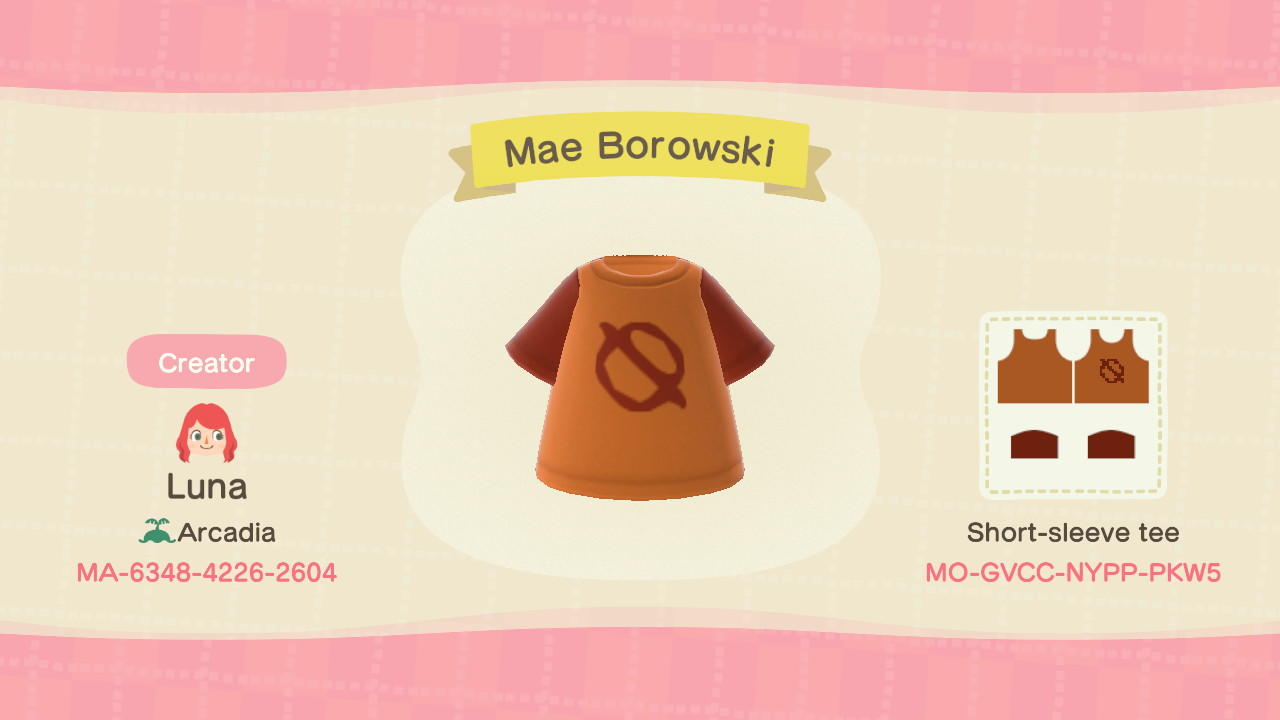 Animal Crossing Design Code: MO-GVCC-NYPP-PKW5 Mae Borowski