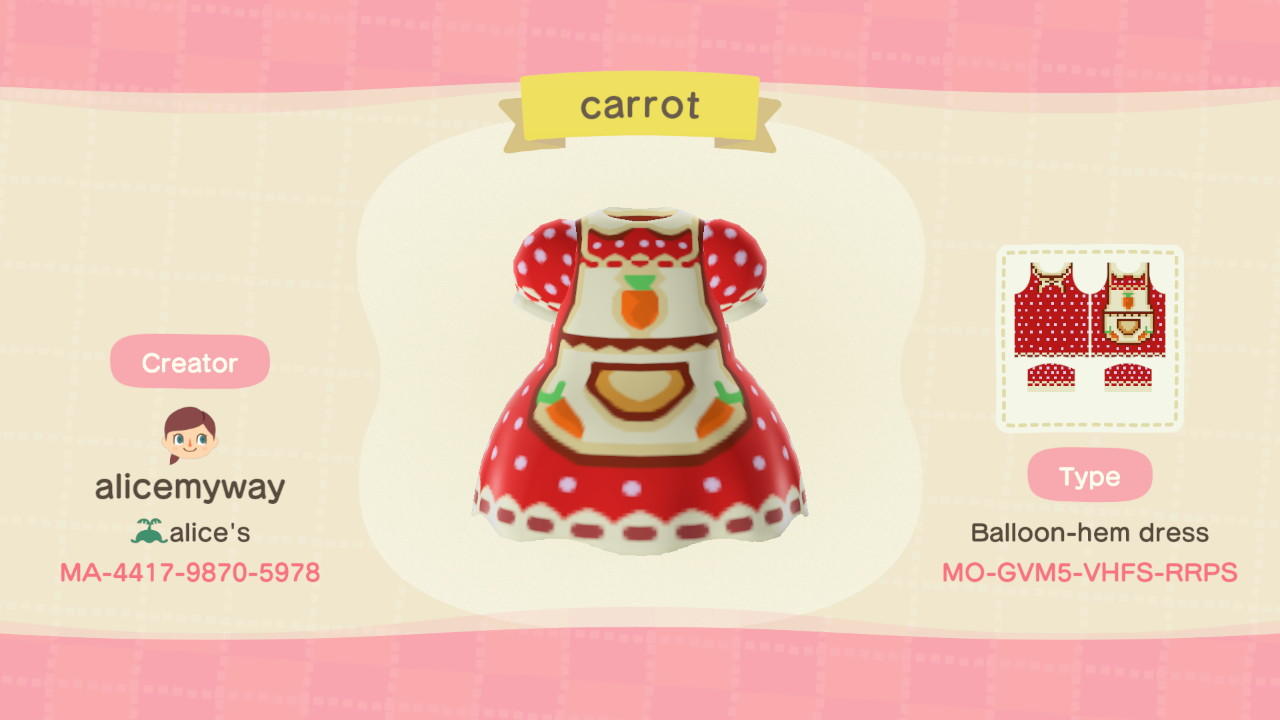 Animal Crossing Design Code: MO-GVM5-VHFS-RRPS Carrot apron
