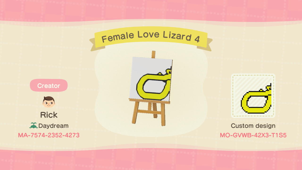Animal Crossing Design Code: MO-GVWB-42X3-T1S5 Female Love Lizard 4