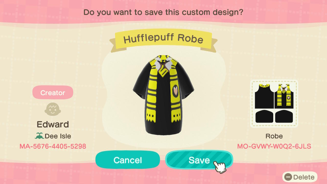 Animal Crossing Design Code: MO-GVWY-W0Q2-6JLS Hufflepuff Robe