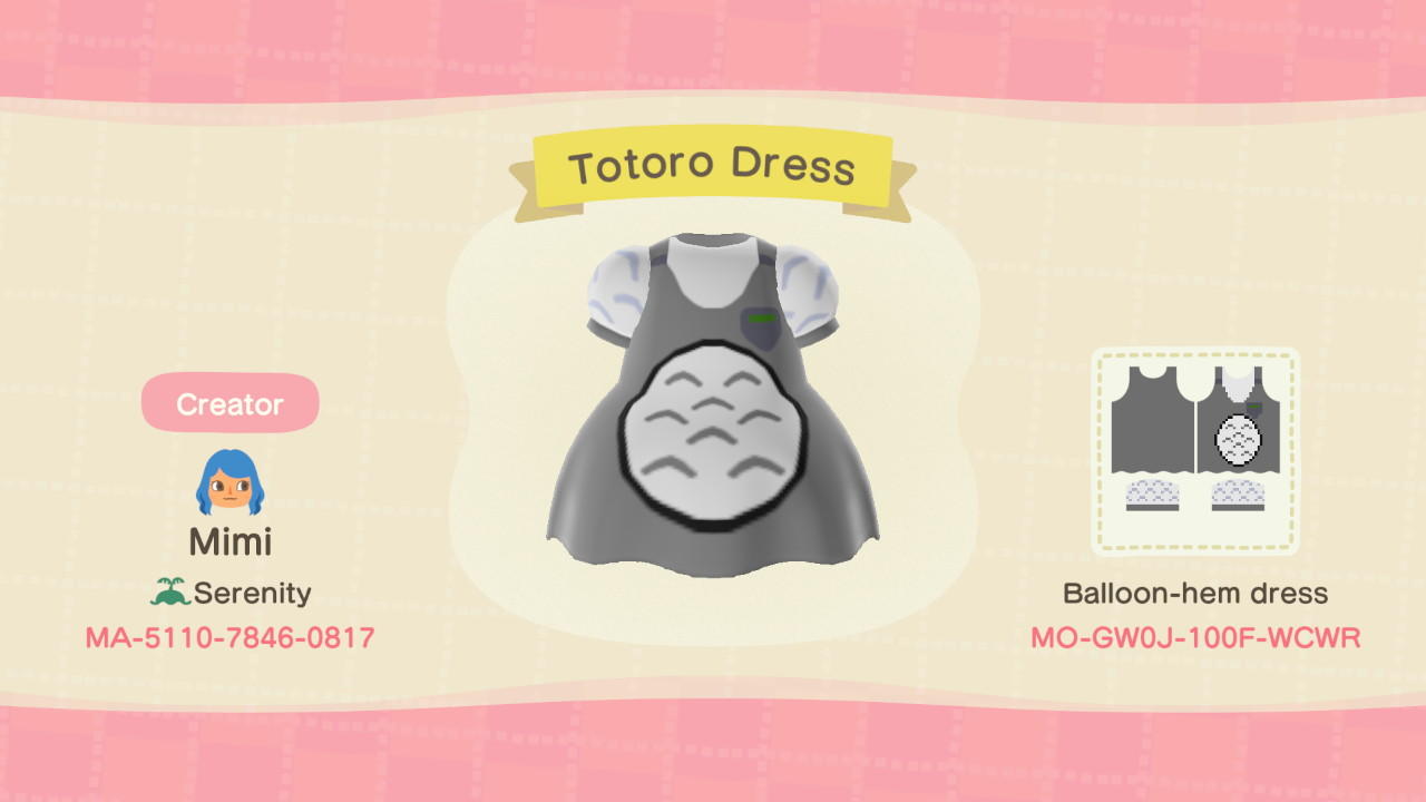 Animal Crossing Design Code: MO-GW0J-100F-WCWR Totoro Dress