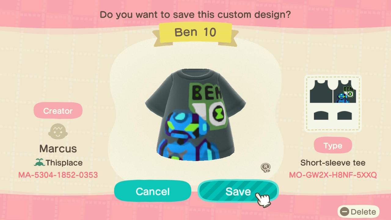 Animal Crossing Design Code: MO-GW2X-H8NF-5XXQ Ben 10 Ult Echo Echo