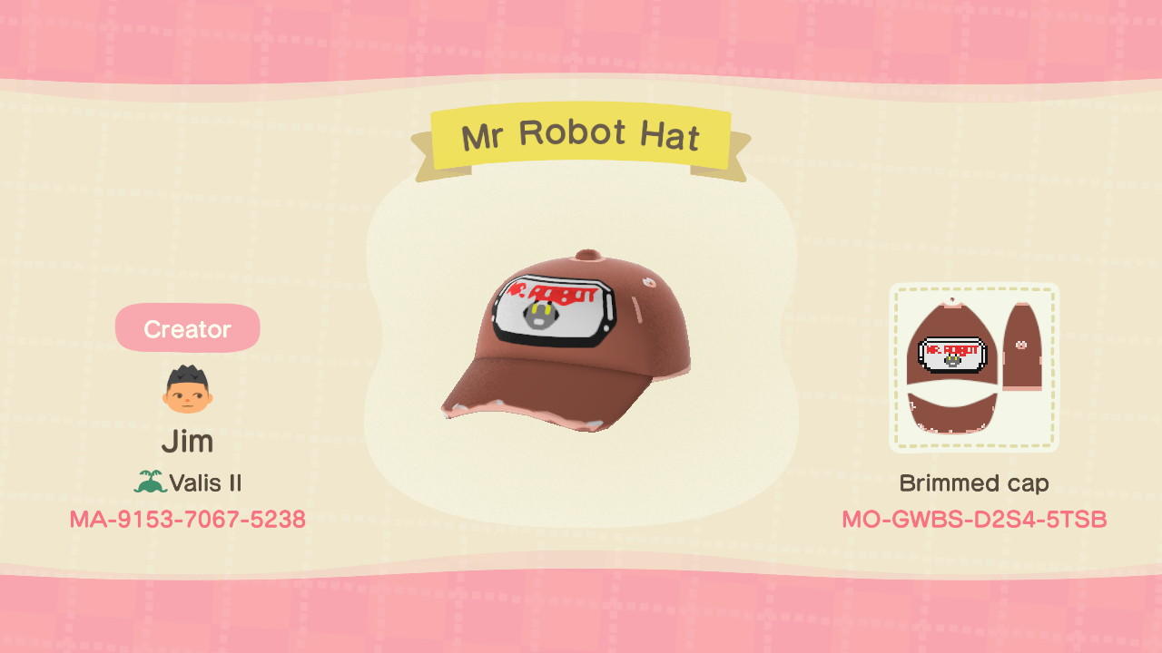 Animal Crossing Design Code: MO-GWBS-D2S4-5TSB Mr Robot Hat