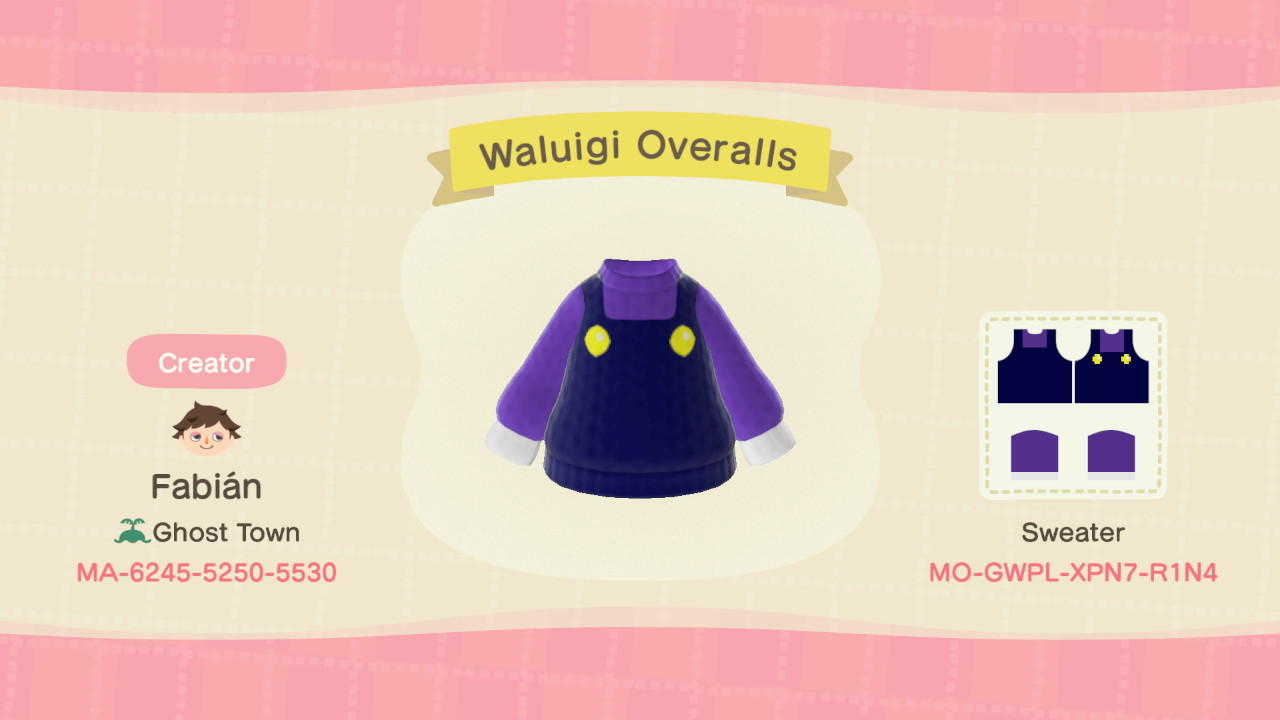Animal Crossing Design Code: MO-GWPL-XPN7-R1N4 Waluigi Overalls
