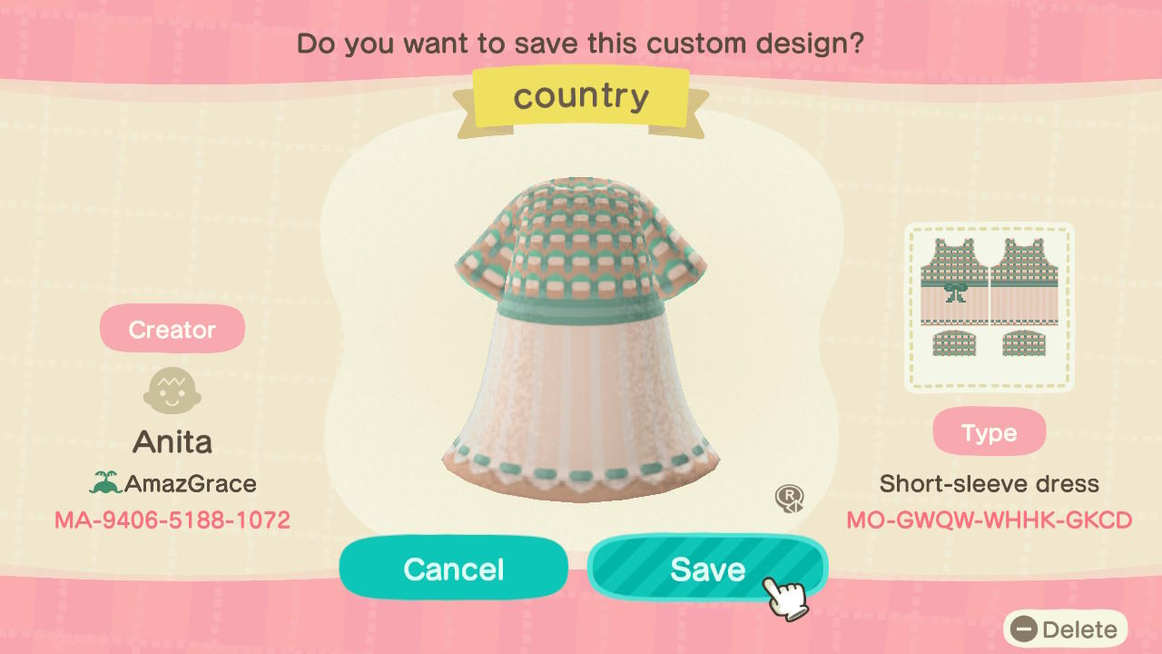 Animal Crossing Design Code: MO-GWQW-WHHK-GKCD Country