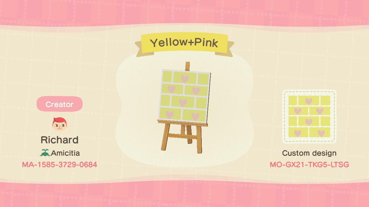 Animal Crossing Design Code: MO-GX21-TKG5-LTSG Yellow+Pink