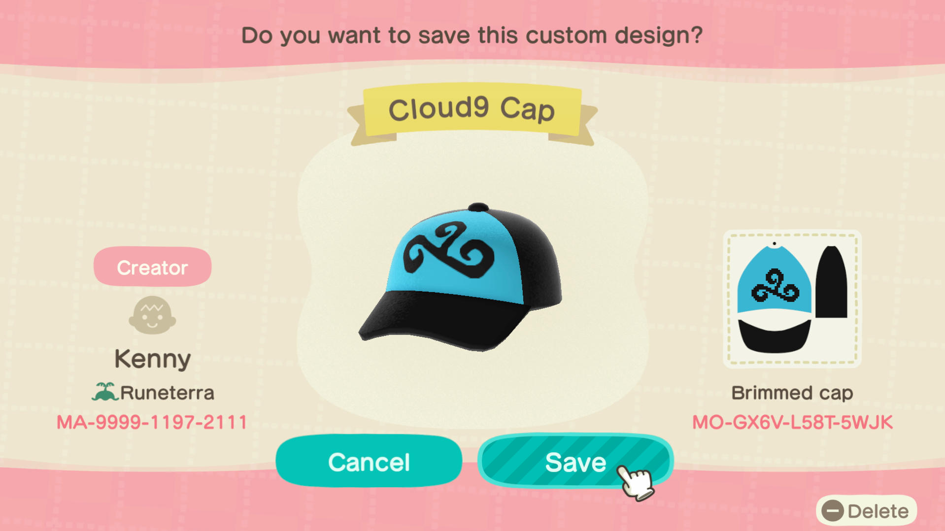 Animal Crossing Design Code: MO-GX6V-L58T-5WJK Cloud9 Cap