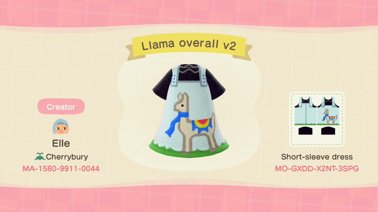 Animal Crossing Design Code: MO-GXDD-X2NT-3SPG Llama overall dress