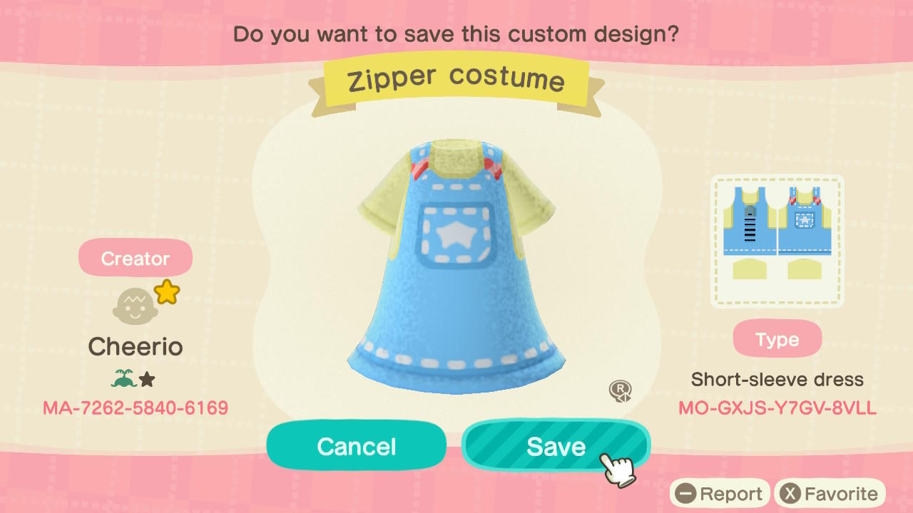 Animal Crossing Design Code: MO-GXJS-Y7GV-8VLL Zipper Costume