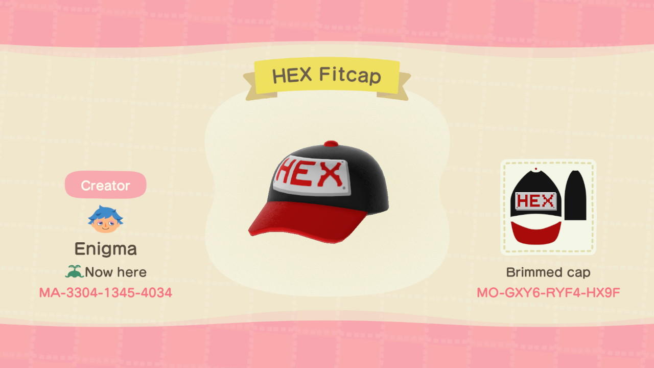 Animal Crossing Design Code: MO-GXY6-RYF4-HX9F Hex Fitcap