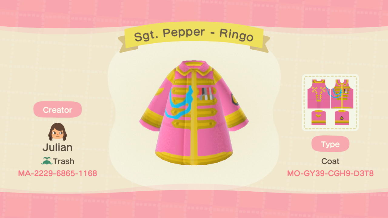 Animal Crossing Design Code: MO-GY39-CGH9-D3T8 Sgt. Pepper - Ringo