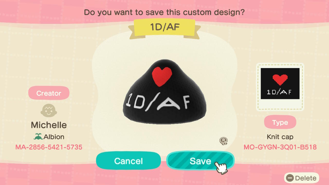 Animal Crossing Design Code: MO-GYGN-3Q01-B518 1D/AF