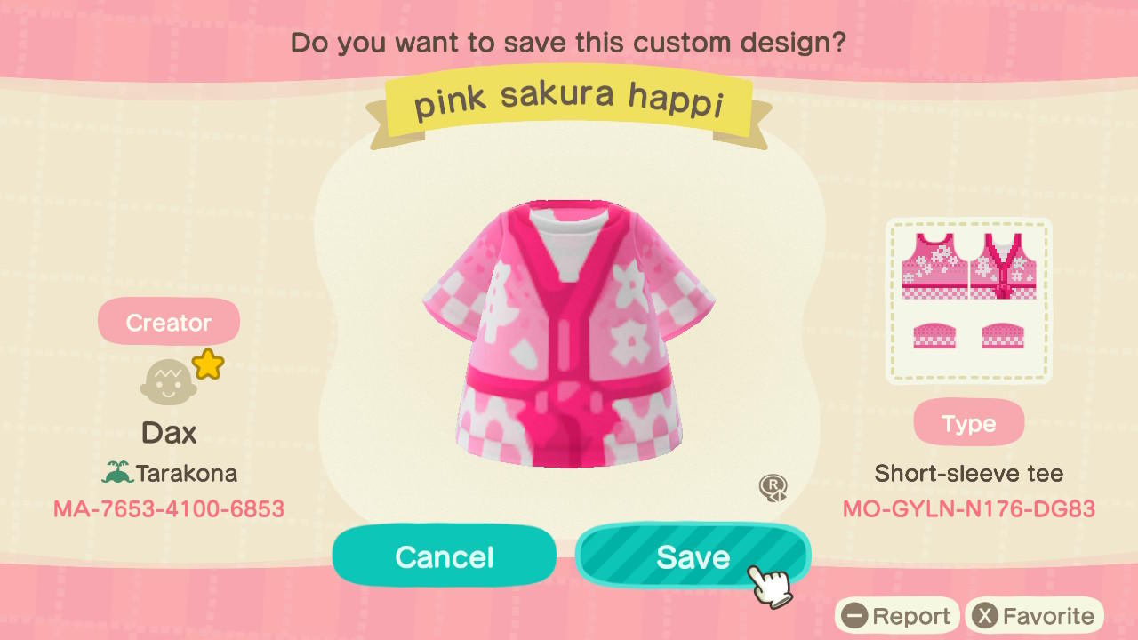 Animal Crossing Design Code: MO-GYLN-N176-DG83 Pink Sakura Happi