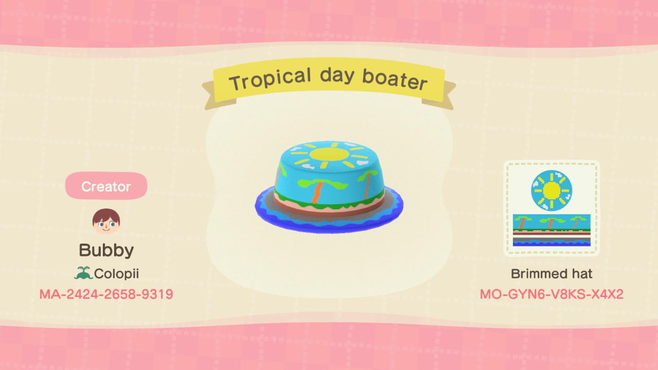 Animal Crossing Design Code: MO-GYN6-V8KS-X4X2 Tropical day boater