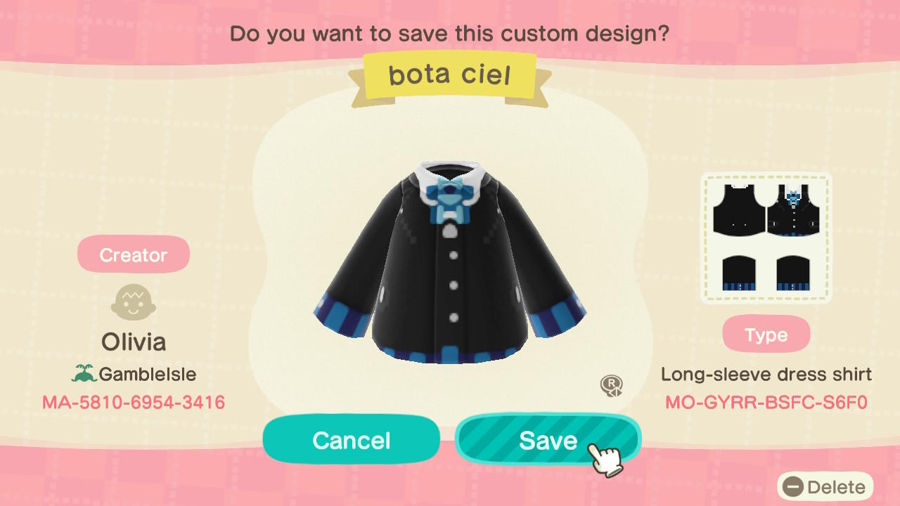 Animal Crossing Design Code: MO-GYRR-BSFC-S6F0 Bota Ciel