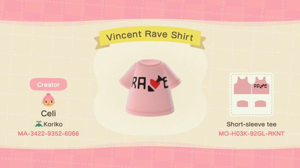 Animal Crossing Design Code: MO-H03K-92GL-RKNT Vincent Rave Shirt