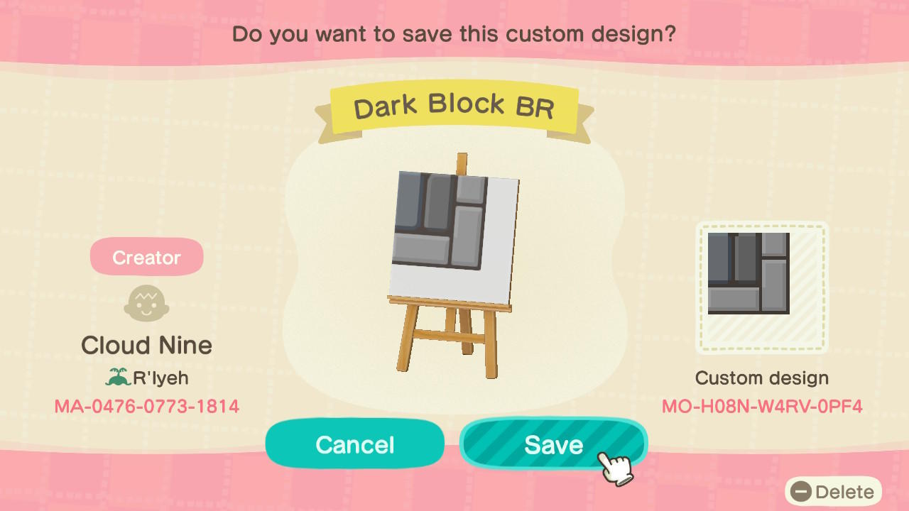Animal Crossing Design Code: MO-H08N-W4RV-0PF4 Dark Block BR
