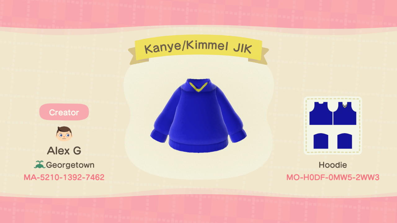 Animal Crossing Design Code: MO-H0DF-0MW5-2WW3 Kanye/Kimmel JIK